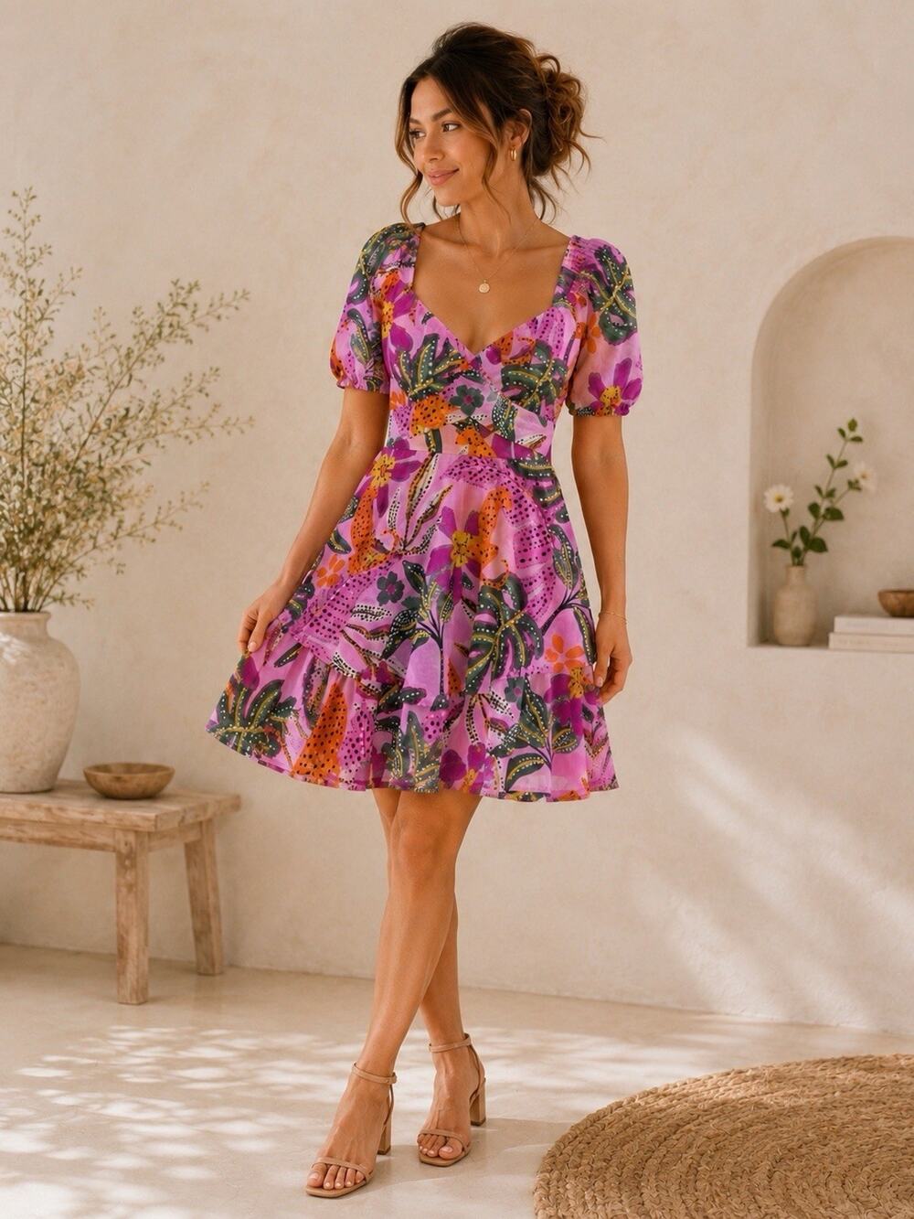 Floral Puff Sleeve Tiered Mini Dress Pink Tropical Fit Flare Women’s L Coquette